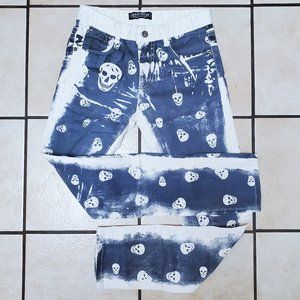 Awesome SKULL White and Blue Washed GRAPHIC Jeans with Skull RIVETS & Buttons